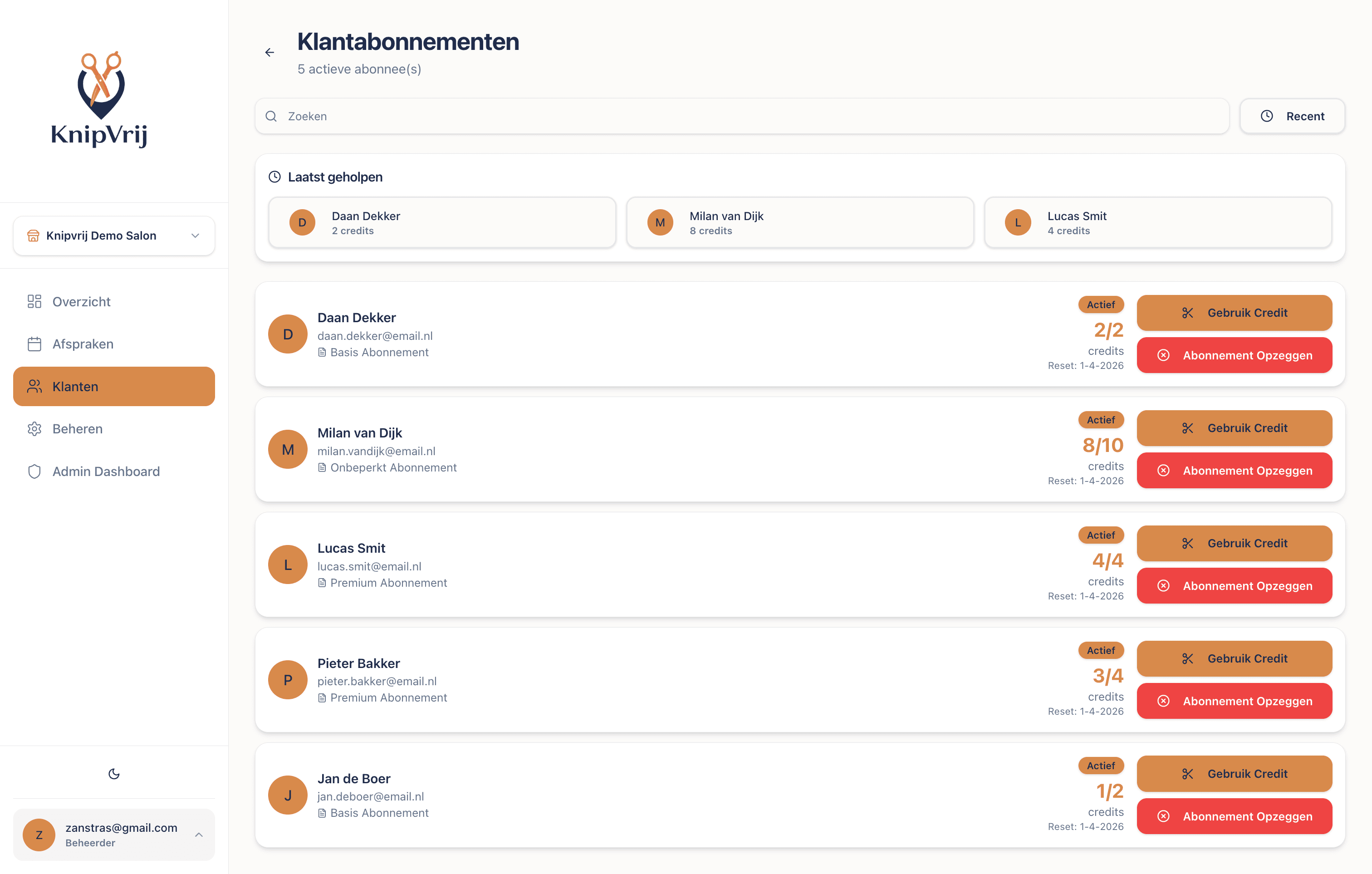 KnipVrij klantabonnementen overzicht met credits en resetdatums